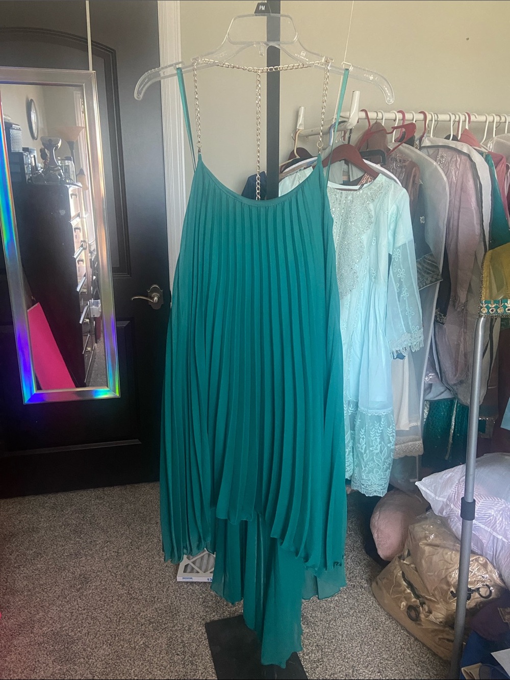 Arden B Teal Pleated High-Low Slip Dress